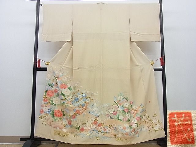 平和屋野田店■本加賀友禅　稲荷茂雄　色留袖　流水花鳥文　逸品　n-yc5701_画像1