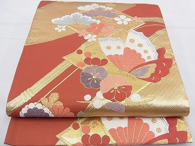 平和屋野田店■六通柄袋帯　唐織　舞蝶花松文　金銀糸　逸品　n-gt3517_画像1