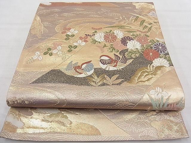 平和屋野田店■六通柄袋帯　唐織　遠山流水鴛鴦花文　本金箔　逸品　n-fw5570_画像1