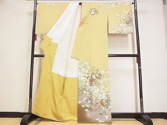 平和屋-こころ店■英王室献上友禅作家　木下勝功　訪問着　刺繍　花車文　暈し染め　金彩　着丈163.5cm 裄丈67cm　正絹　逸品　A-ta8719_画像2