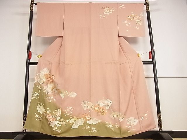 平和屋川間店■訪問着　扇面花文　暈し染め　金彩　着丈157.5cm　裄丈64cm　正絹　逸品　A-wj4371_画像1