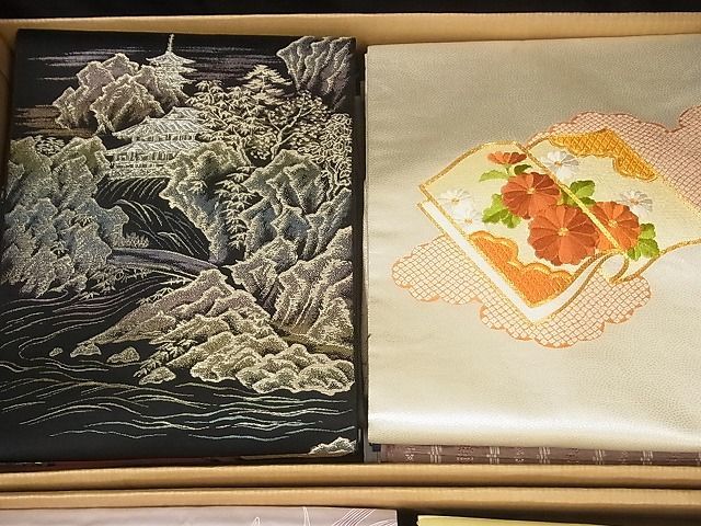 平和屋-こころ店■名古屋帯 まとめて100点 風景 花柄 文箱 冊子 駒刺繍 金銀糸 など 着用可能多数 未使用品あり 全て正絹 hi1215_画像3