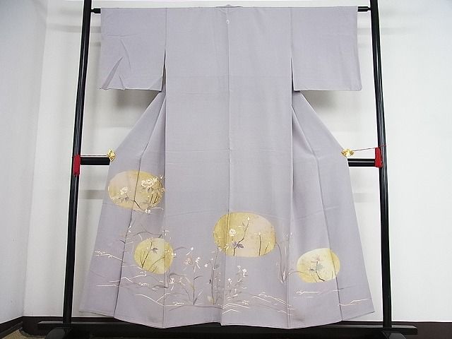 平和屋-こころ店■上質な小紋　駒刺繍　色紙枝花文　金彩　着丈152cm　裄丈62cm　正絹　逸品　1B-np2577_画像1