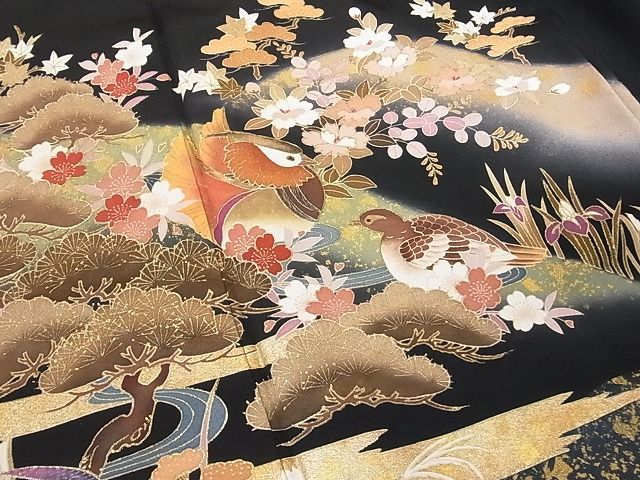 平和屋-こころ店■豪華黒留袖 作家物 駒刺繍 松竹梅鴛鴦花文 金彩 着丈159cm 裄丈63cm 正絹 逸品 A-br7813の画像5