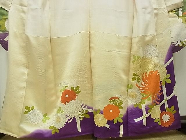  flat peace shop - here . shop # gorgeous long-sleeved kimono piece embroidery . flower writing .... dyeing gold paint dress length 159.5cm sleeve length 63.5cm silk excellent article B-zg8902