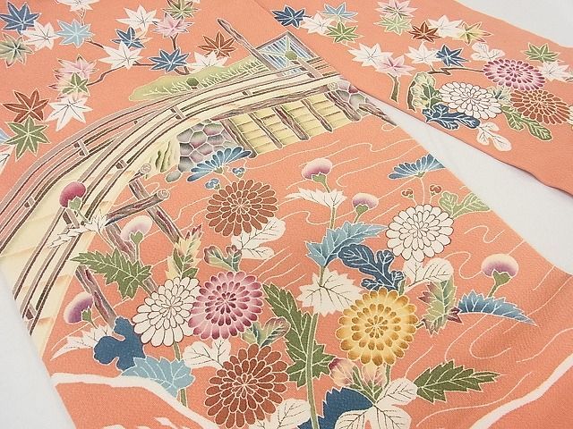 平和屋2■九寸名古屋帯　友禅　渡り橋風景花文　鬼しぼ縮緬　逸品　ma4736_画像2