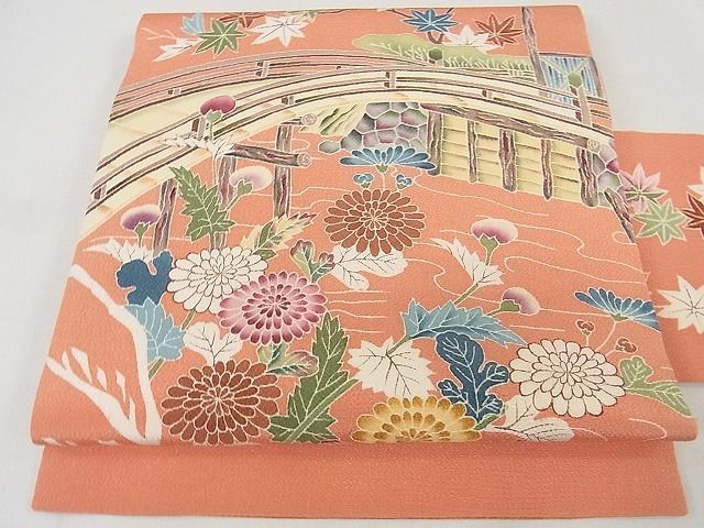 平和屋2■九寸名古屋帯　友禅　渡り橋風景花文　鬼しぼ縮緬　逸品　ma4736_画像1