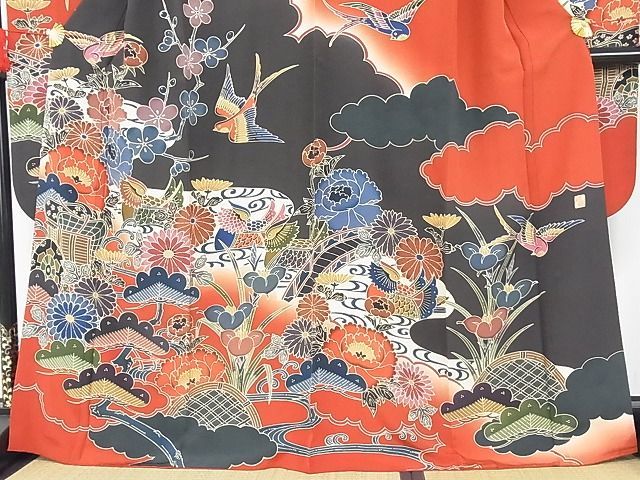 平和屋-こころ店■豪華振袖　作家物　紅型　渡橋御所車花鳥文　着丈160.5cm　裄丈68cm　正絹　逸品　A-cs7587_画像3