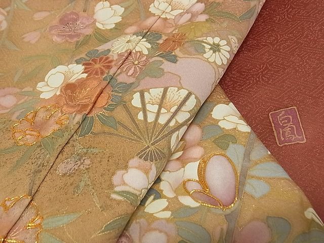 平和屋-こころ店■訪問着　作家物　駒刺繍　流水扇面重ね花文　暈し染　金彩　着丈164.5cm　裄丈67.5cm　正絹　逸品　1B-wt1884_画像1