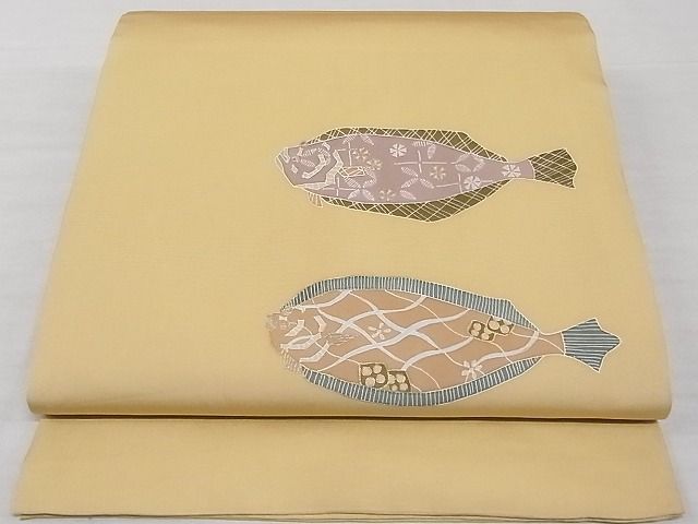 平和屋-こころ店■九寸開き名古屋帯 魚文 鰈 金彩 正絹 逸品 A-gk1673の画像1