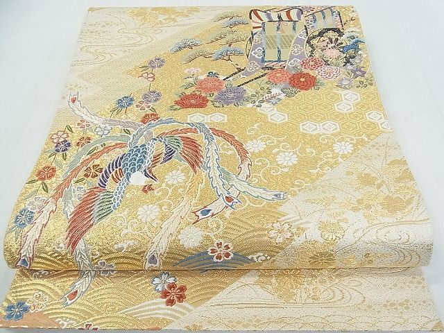 平和屋2■六通柄袋帯　御所車鳳凰花文　本金箔　九百錦　逸品　ox5394_画像1