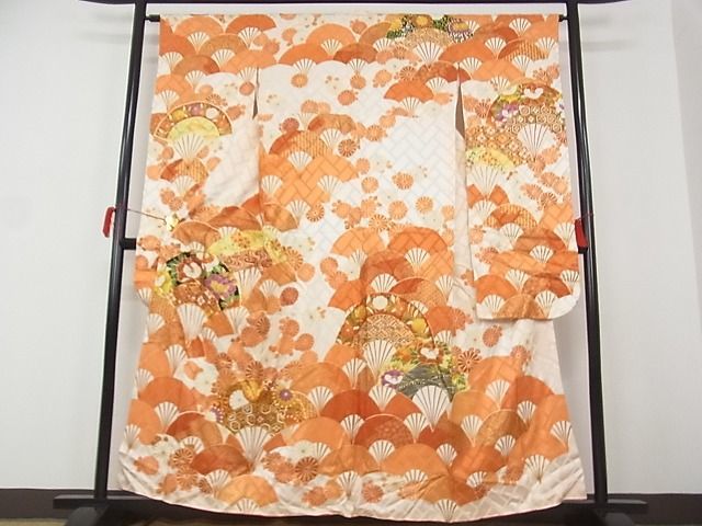 平和屋-こころ店■豪華振袖　駒刺繍　扇青海波　金彩　着丈157cm　裄丈64cm　正絹　逸品　1B-wt1873_画像1