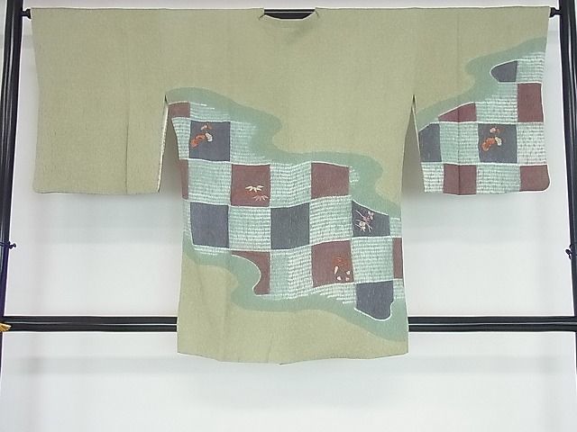 平和屋2■道行コート　刺繍　杢目絞り　霞市松花文　逸品　sf4032_画像3