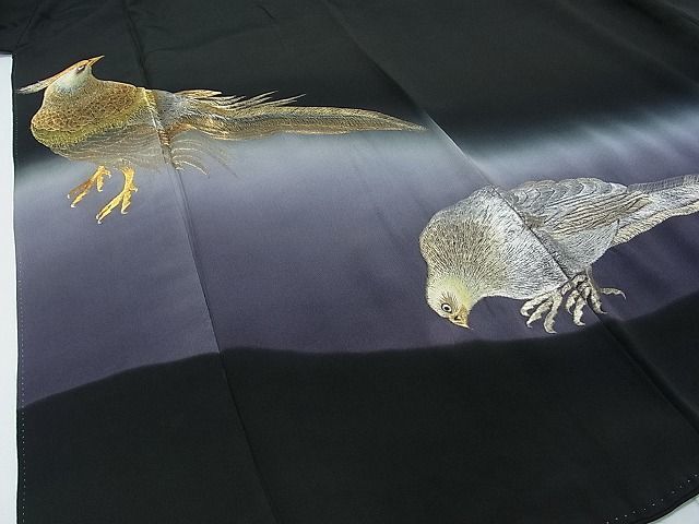 平和屋2■豪華黒留袖　総刺繍　尾長鳥　暈し染め　金銀糸　逸品　ox5524_画像4