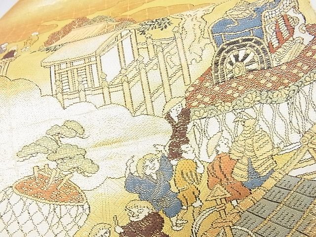 平和屋2■佐賀錦 全通全景柄袋帯 御所車風景花文 金糸 逸品 op8887の画像4