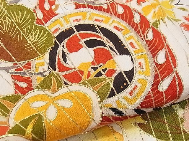 平和屋1●極上　アンティーク　大正ロマン　振袖　駒刺繡　檜扇花鼓文　黒地　金彩　逸品　3s30454_画像5