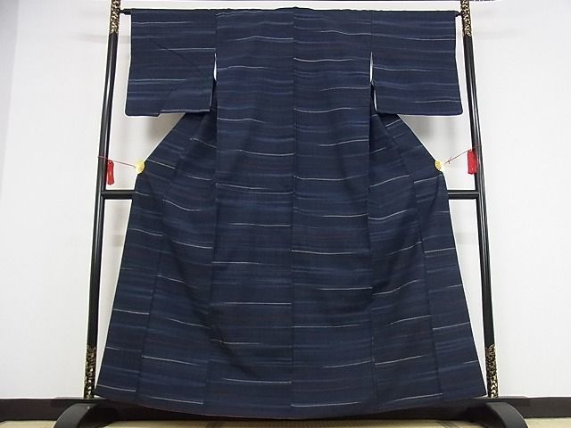 平和屋-こころ店■極上　郡上紬　草木染　縞　着丈160.5cm　裄丈64.5cm　正絹　逸品　4kk4324_画像1