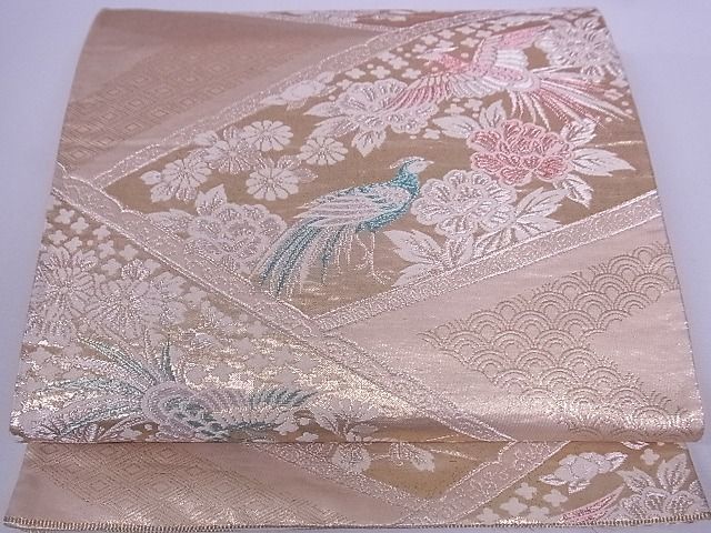 平和屋川間店■六通柄袋帯　花鳥文　金銀糸　正絹　逸品　A-br6007_画像1