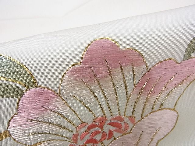 平和屋1■塩瀬　九寸名古屋帯　駒刺繍　花唐草文　金彩　逸品　1fb2433_画像5