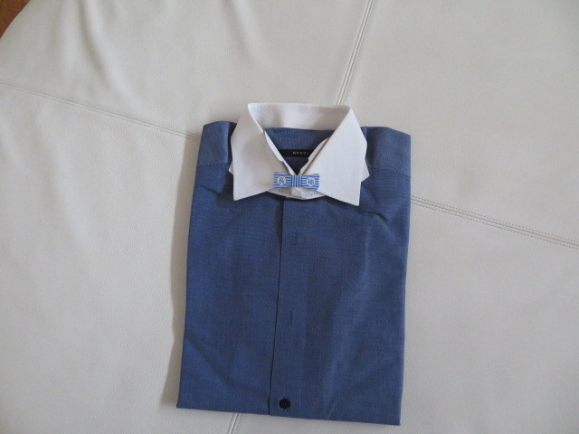◆41=L◆グッチ　白襟　ブルー　長袖シャツ　_画像1