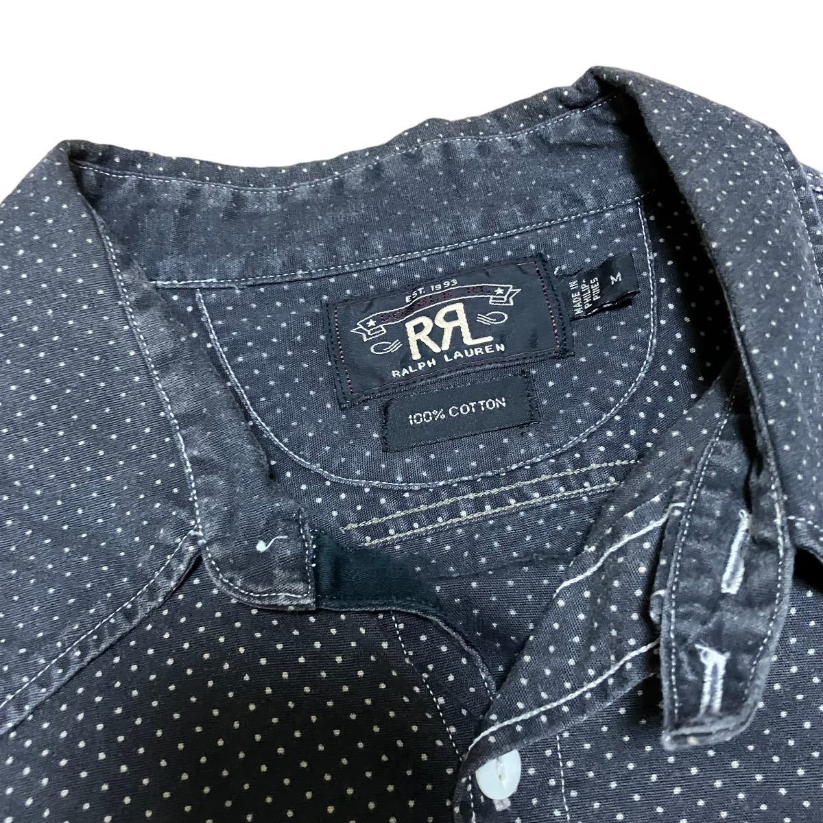 【名作】 RRL Black Indigo Polka Dot Shirt M インディゴブラック ポルカドットシャツ 漆黒 チンスト 総柄 ヴィンテージ Ralph Lauren _画像3