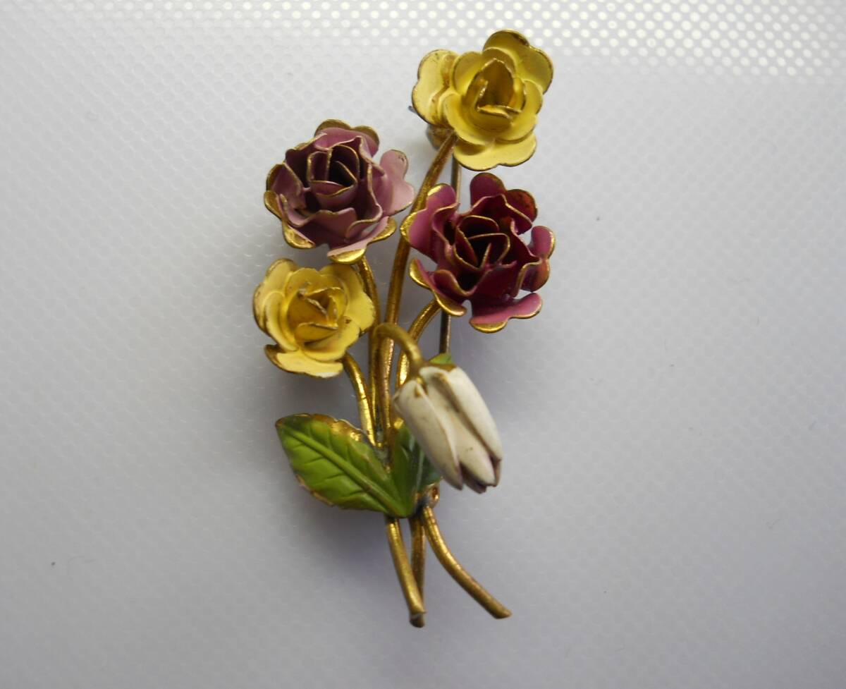 オーストリア製ヴィンテージ 薔薇の花束 ブーケのブローチ エナメル細工 刻印有り_画像1