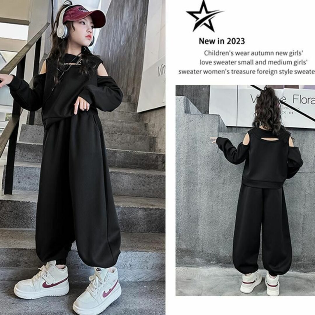 140cm Korea manner Kids top and bottom 2 point set black good-looking stylish long sleeve Junior Dance for room wear 