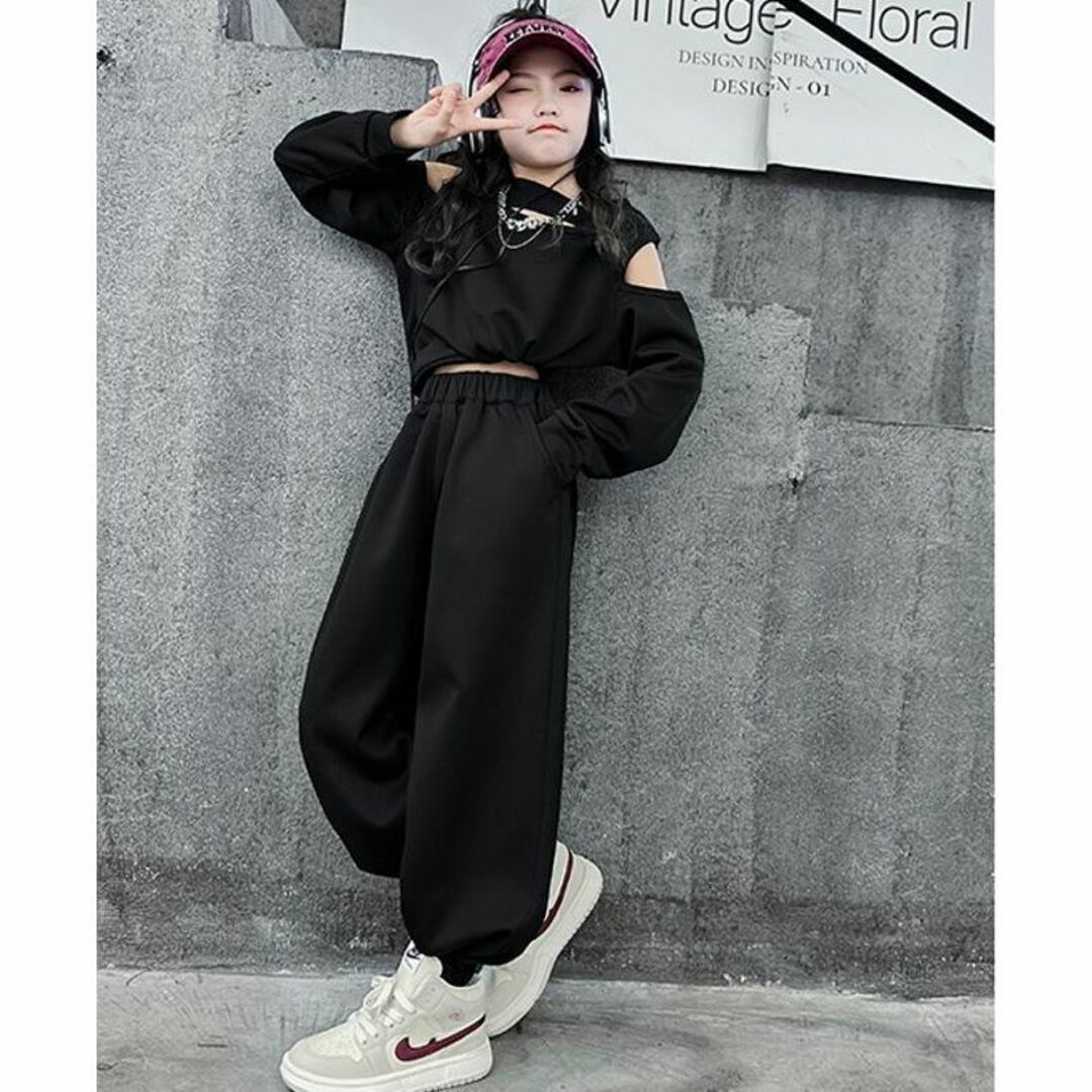 140cm Korea manner Kids top and bottom 2 point set black good-looking stylish long sleeve Junior Dance for room wear 