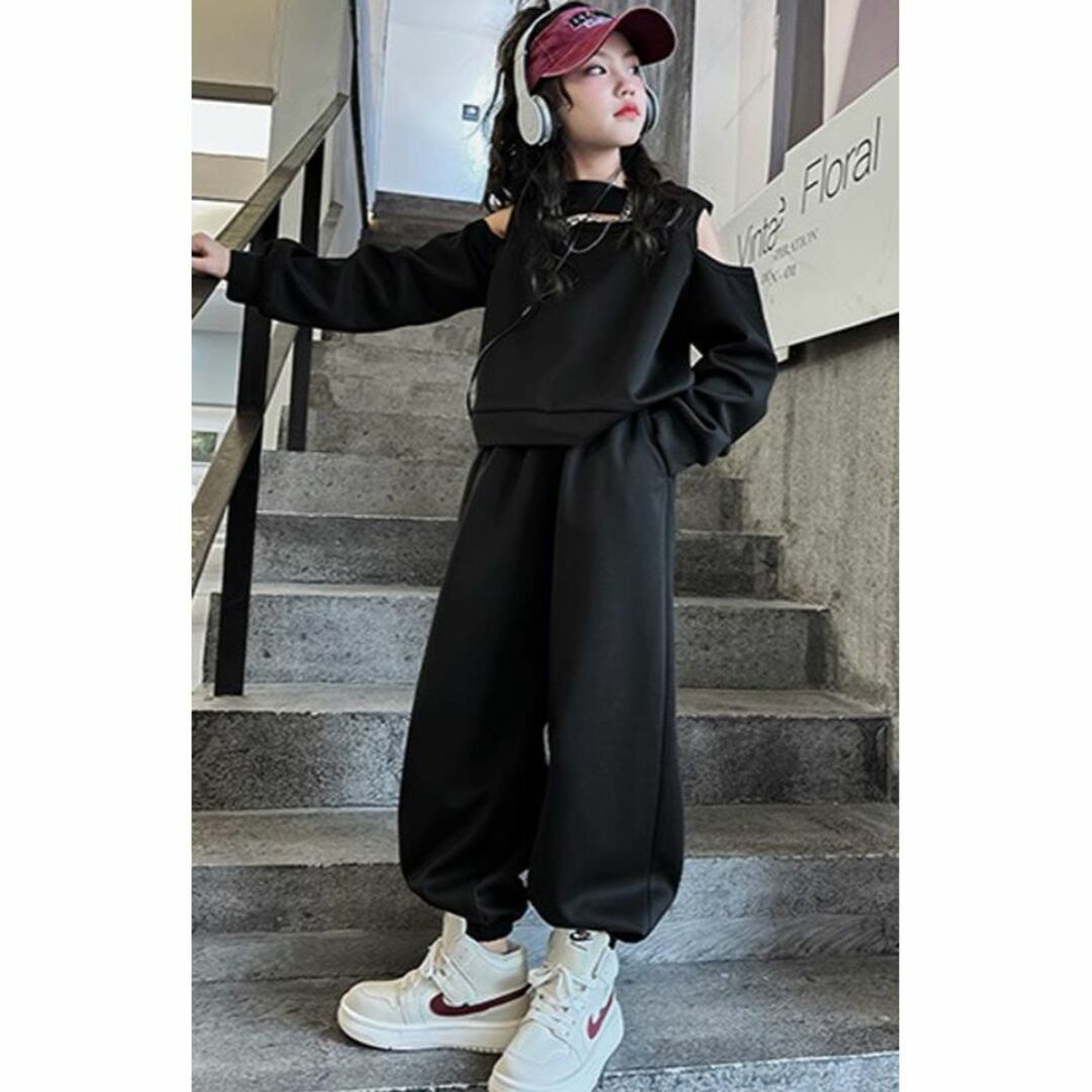140cm Korea manner Kids top and bottom 2 point set black good-looking stylish long sleeve Junior Dance for room wear 