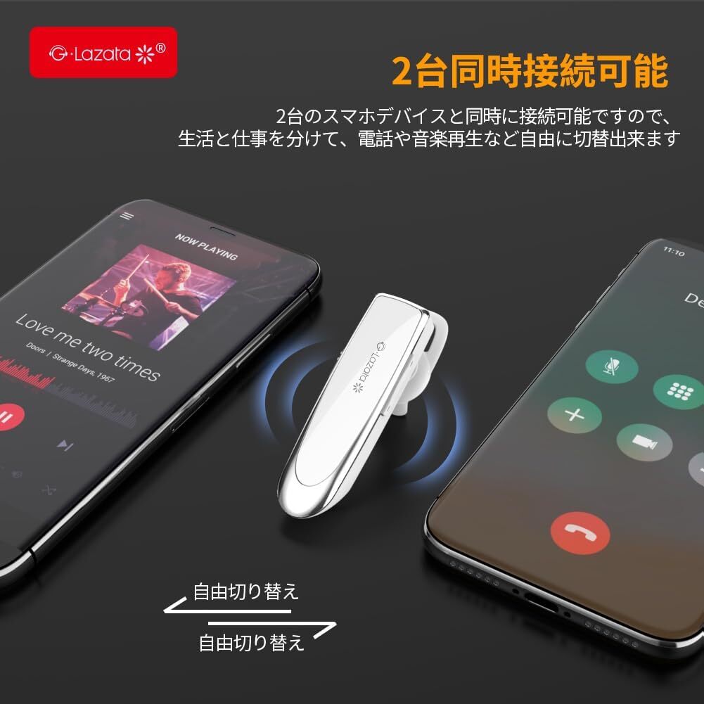 ホワイト Glazata 日本語音声ヘッドセット Bluetooth 5.1片耳イヤホン Qualcomm社製スマートチップ302_画像4