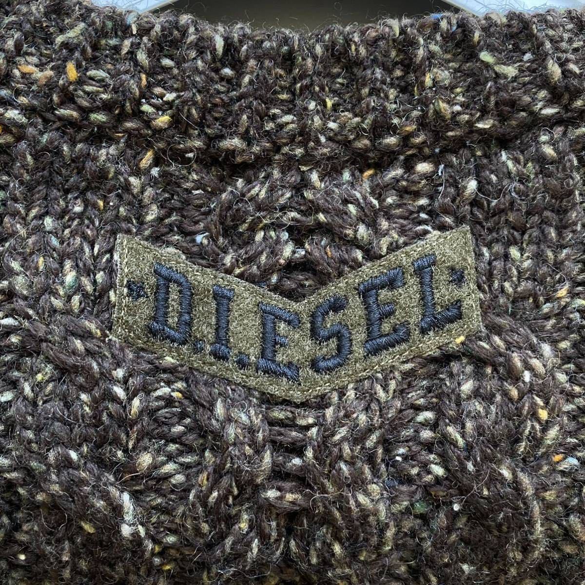 ディーゼル DIESEL 袖切替 ケーブルニット セーター メランジ ロゴワッペン M相当 ブラウン チャコールグレー メンズ_画像5