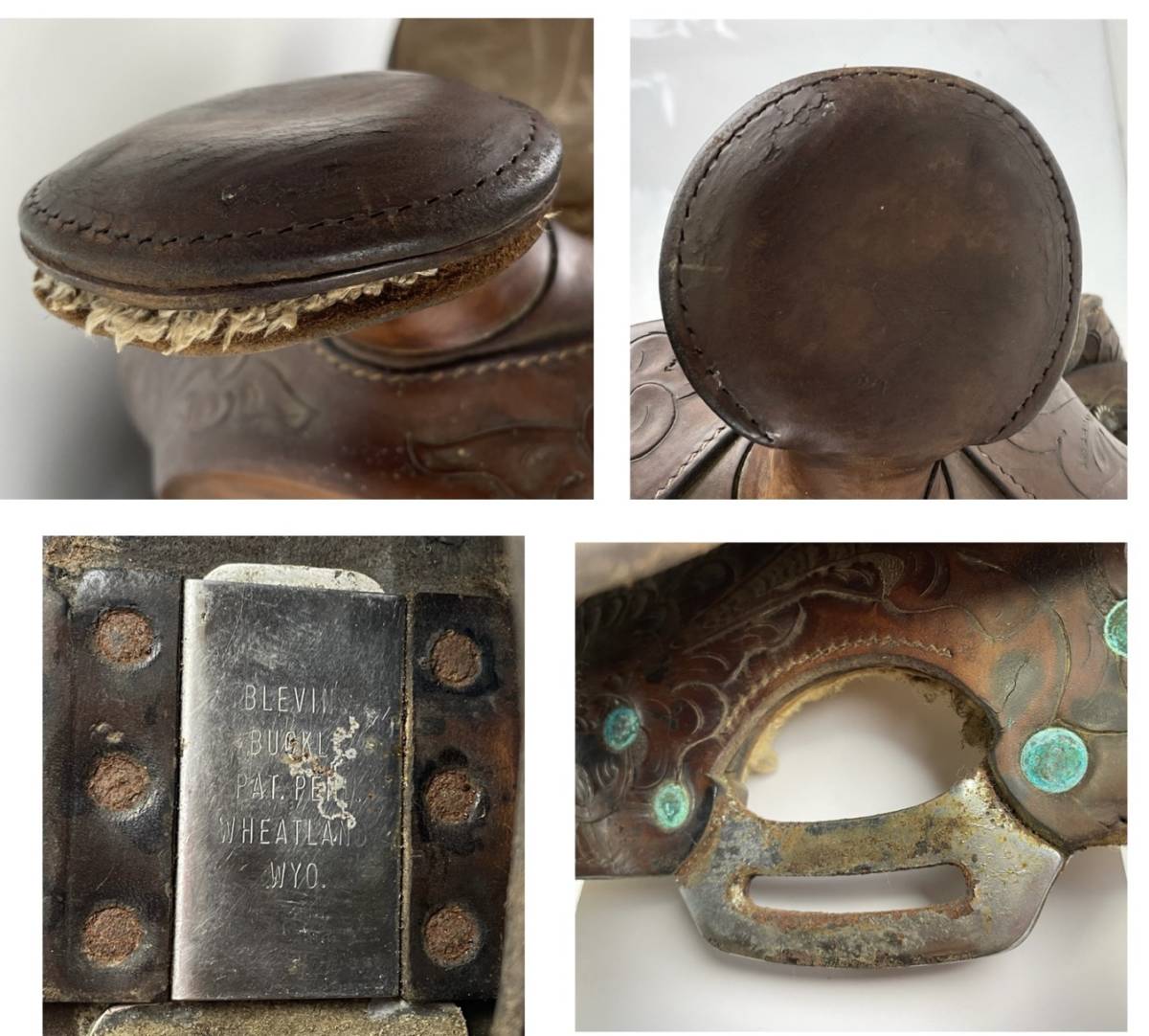  Vintage harness Western saddle JUMBO leather Carving horse riding saddle used Junk present condition goods returned goods un- possible 