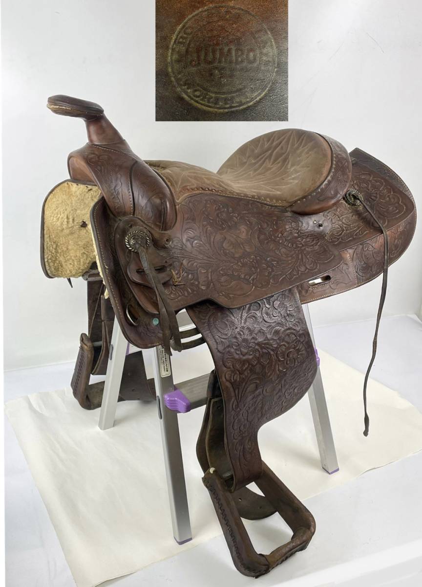  Vintage harness Western saddle JUMBO leather Carving horse riding saddle used Junk present condition goods returned goods un- possible 