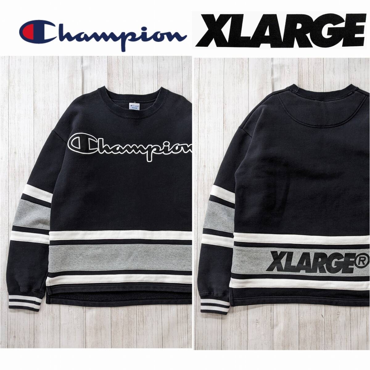 Champion×X-LARGE/チャンピオン×エクストララージチャンピオン/立体ロゴ×ライン/クルーネックスウェット/肉厚/ビッグシルエット_画像1