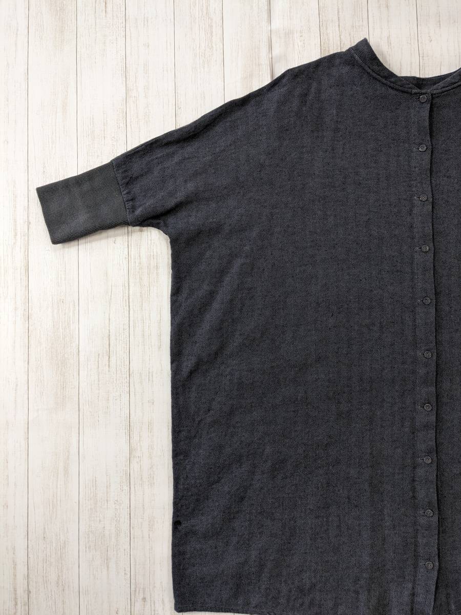 ADIEU TRISTESSE/ Adieu Tristesse / herringbone band color shirt One-piece / sleeve rib / easy wide Silhouette /linen.