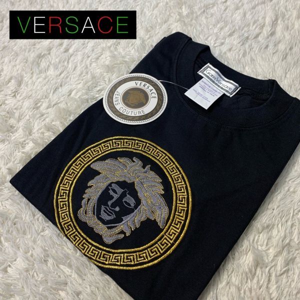 GIANNI VERSACE ジャンニ ヴェルサーチ レディース 半袖 Tシャツ 黒 メデューサ 刺繍 新品タグ付き DB040_画像1