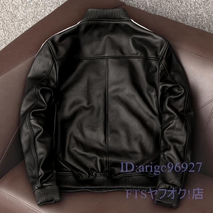 V360☆新品レザージャケット 上品 本革 羊革 サイドライン ライダースジャケット 野球服 革ジャン S~4XL 黒