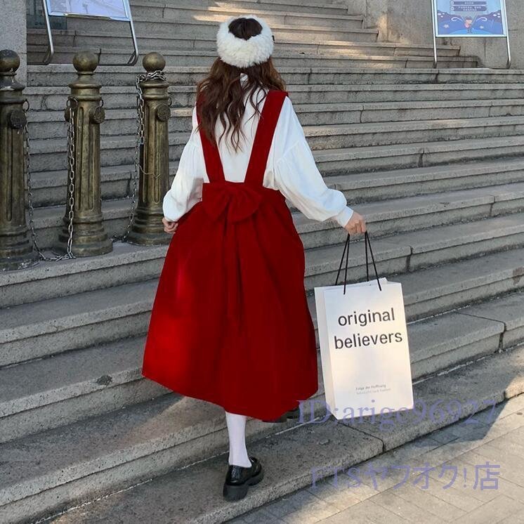 V601☆新品バックリボンジャンパースカート《赤》肩ストラップ ワンピース 可愛い ロリータ 昭和 レトロ 古着系 原宿 韓国 ファッション_画像9