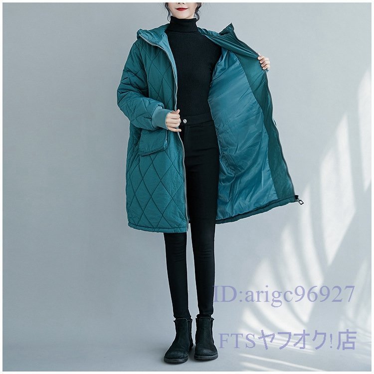 T258☆新品レディースキルティングコート中綿コートフード付きロング暖かいキルティングジャケットアウター大きいサイズありブルーL~3XL_画像2