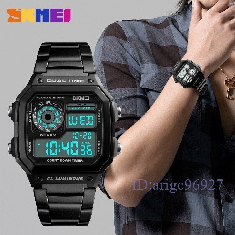 X447☆新品防水時計 ステンレス 鋼ファッション デジタル 腕時計 SKMEI メンズスポーツウォッチ カウントダウンの画像1
