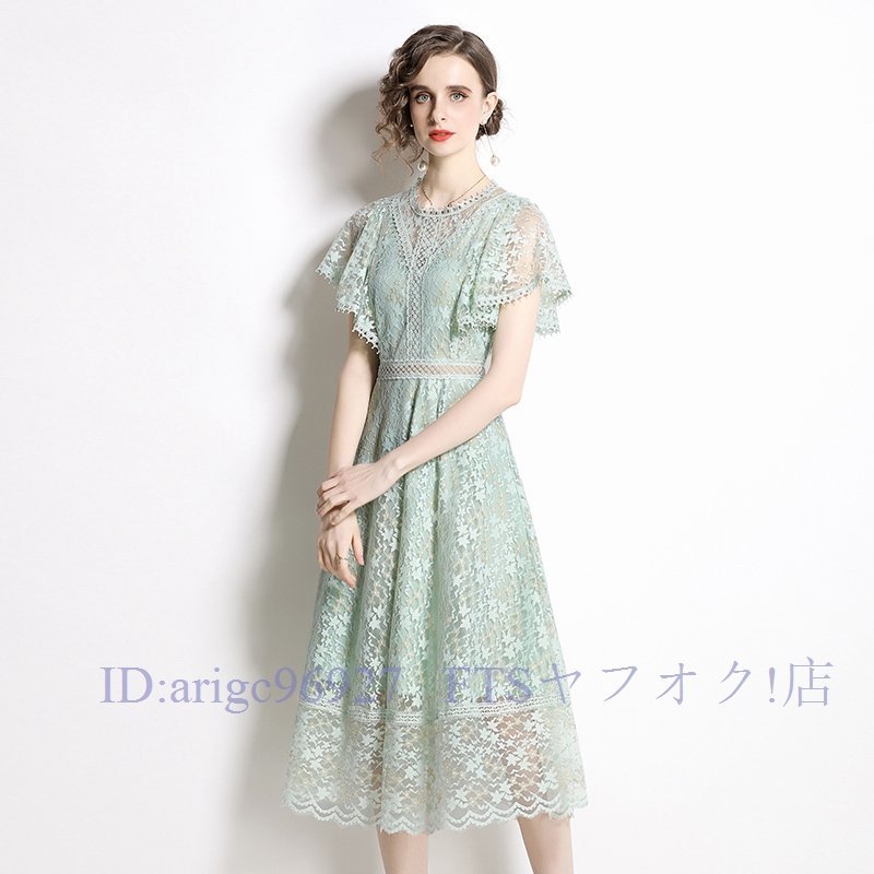 A5465☆新品パーティー 二次会 結婚式 披露宴 二次会 大人上品 レース半袖ロングワンピースドレス　緑　Ｓ～ＸＸＬサイズ選択_画像4