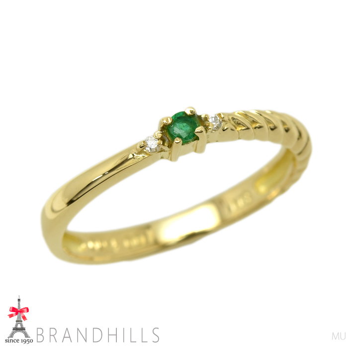  emerald 0.04ct diamond 0.01ct ring K18 gold 750YG yellow gold ring #10 1.6g ultimate beautiful goods 