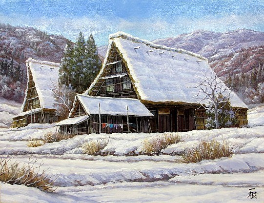 油彩画 洋画 (油絵額縁付きで納品対応可) M4号 「雪の白川郷」 猿渡 一根