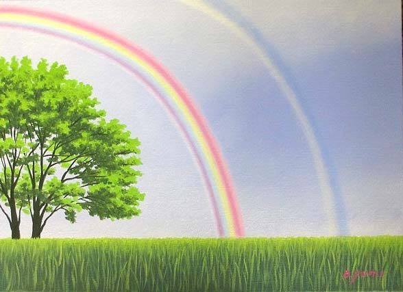 油彩画 洋画 (油絵額縁付きで納品対応可) F15号 「虹のある風景１」 白鳥あゆみ_画像1