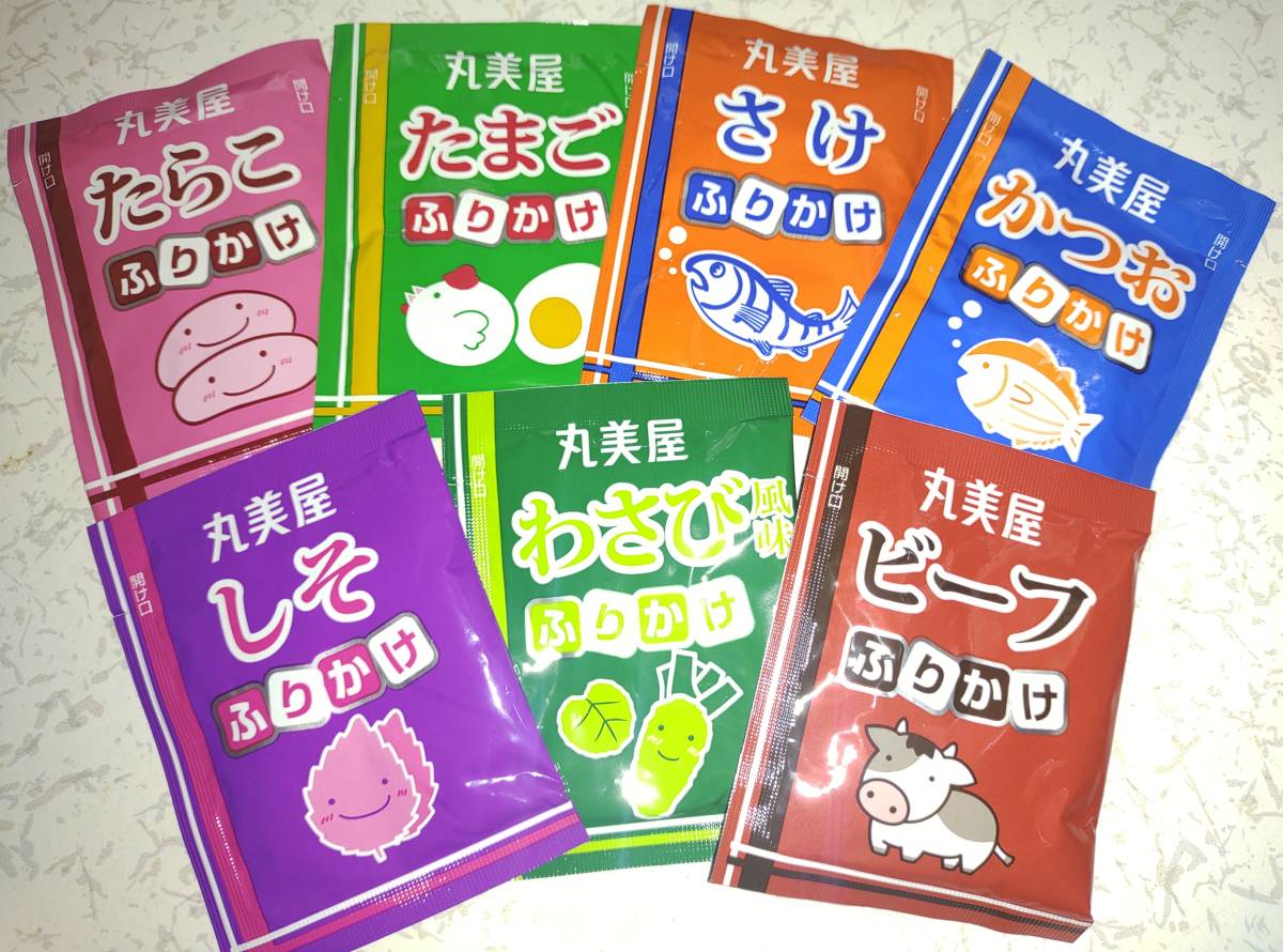 丸美屋 ふりかけ 小袋 小分け たまご かつお さけ たらこ しそ わさび風味 ビーフ　7種アソート合計100袋　お弁当　ランチに　送料無料 _画像1