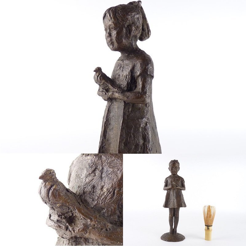 【扇屋】小鳥を持つ少女 ブロンズ像 高さ 約26cm 幅 約8cm 小鳥 女の子 銅製 置物