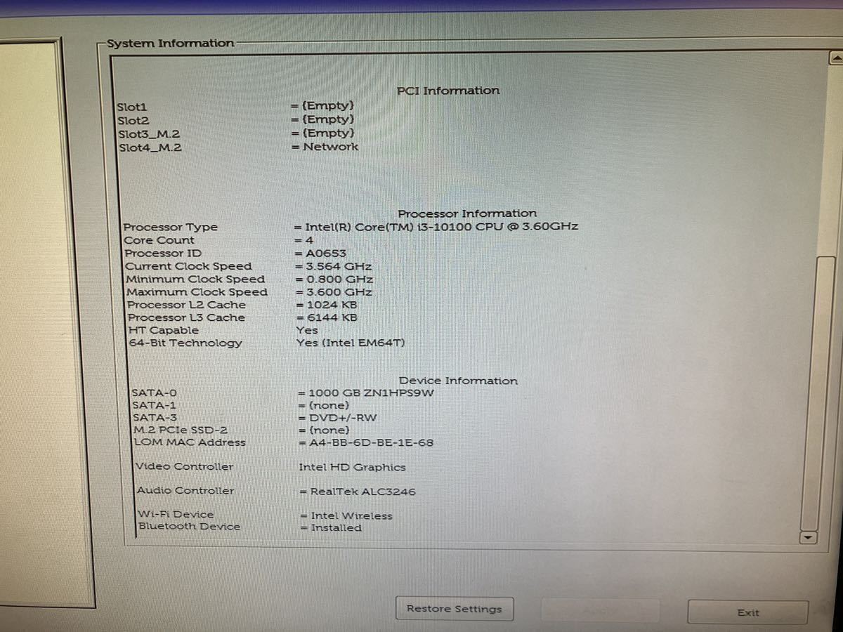 ★BIOS OK★DELL★第10世代CPU　Intel Core i3-10100 3.60GHz★メモリ DDR4 20GB★HDD 1TB★デスクトップパソコン/デル/スリムPC/SR(N666)_画像3