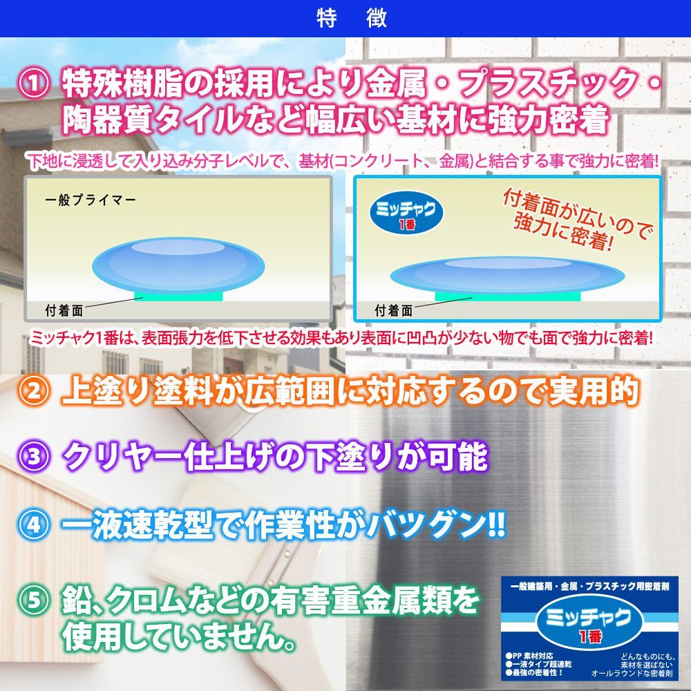 ミッチャク 1番 2L/ 塗料 建築用 金属 プラスチック 密着剤 Z25_画像4