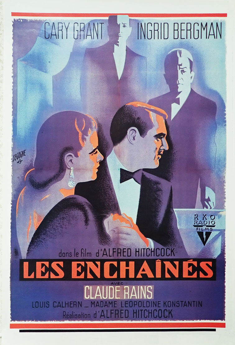 映画ポスター、『汚名』LES ENCHAINES,仏版イラスト大判ポスター、,A・ヒッチコック監督、E・バーグマン、C・グラント、61.0x91.5cmサイズ_画像1