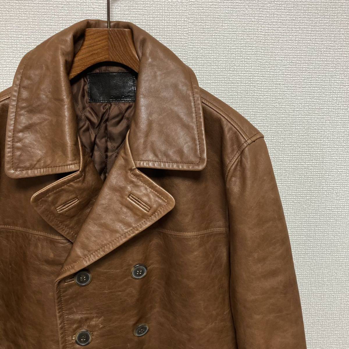  superior article #Liugoo Leathers# horse leather Horse Hyde pea coat L tea Brown cotton inside quilting leather pea coat jacket dragon g- leather z